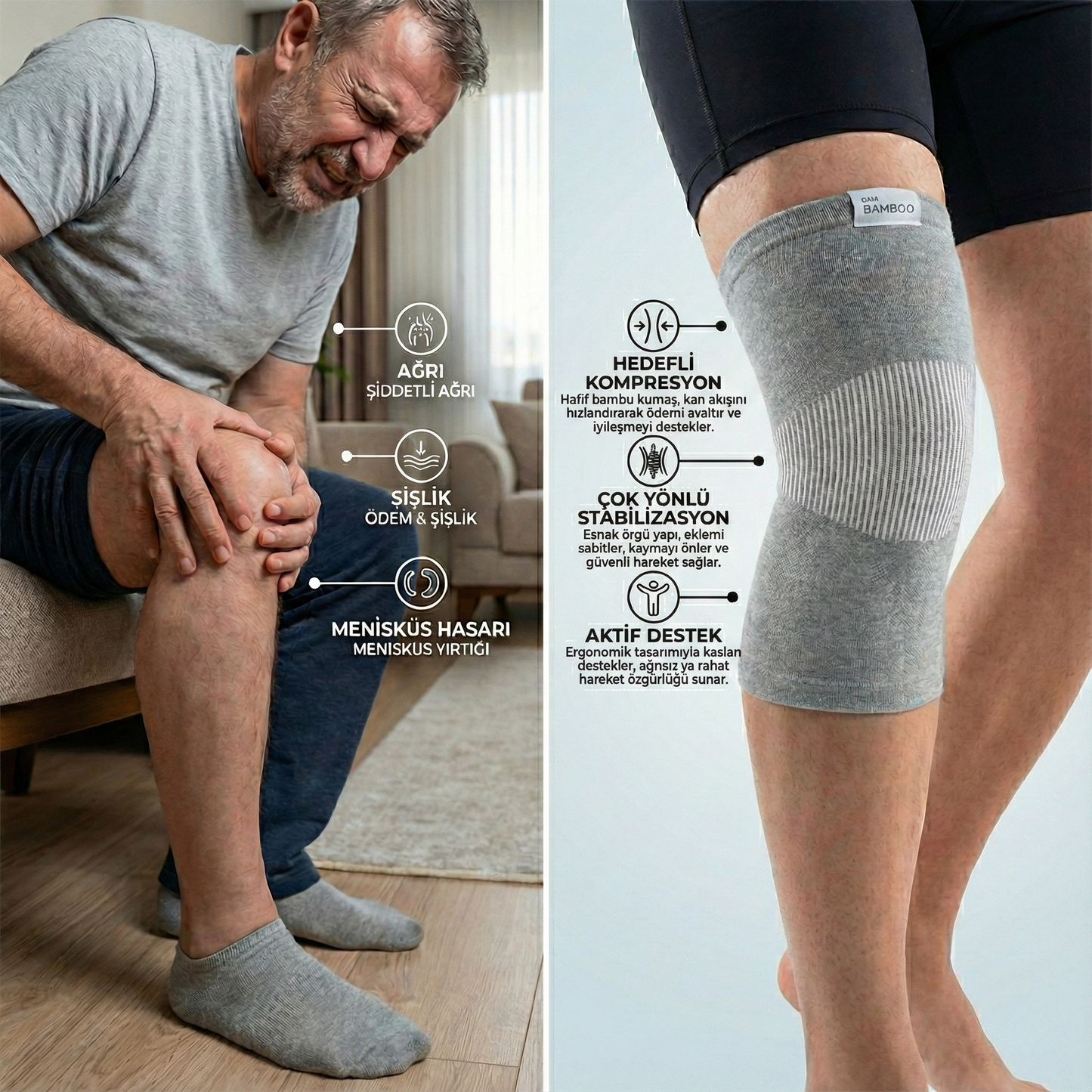 Derdeva Bambu Dizlik™ – Diz Ağrısı, Menisküs, Şişlik, Sertlik ve Dolaşım Destekleyici Kompresyon Dizlik